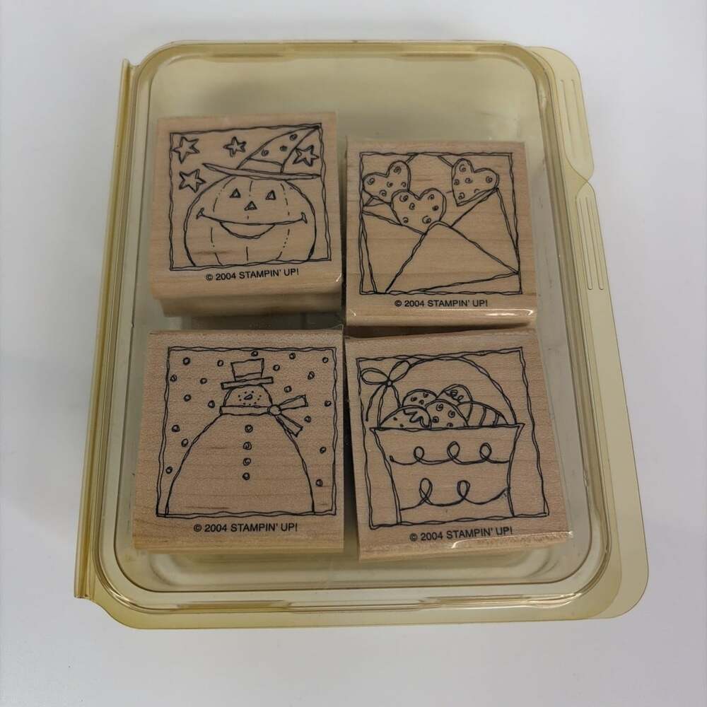 Stampin Up Festive Four 2004 Retired Mounted 4 pc Rubber Stamp Set Holidays